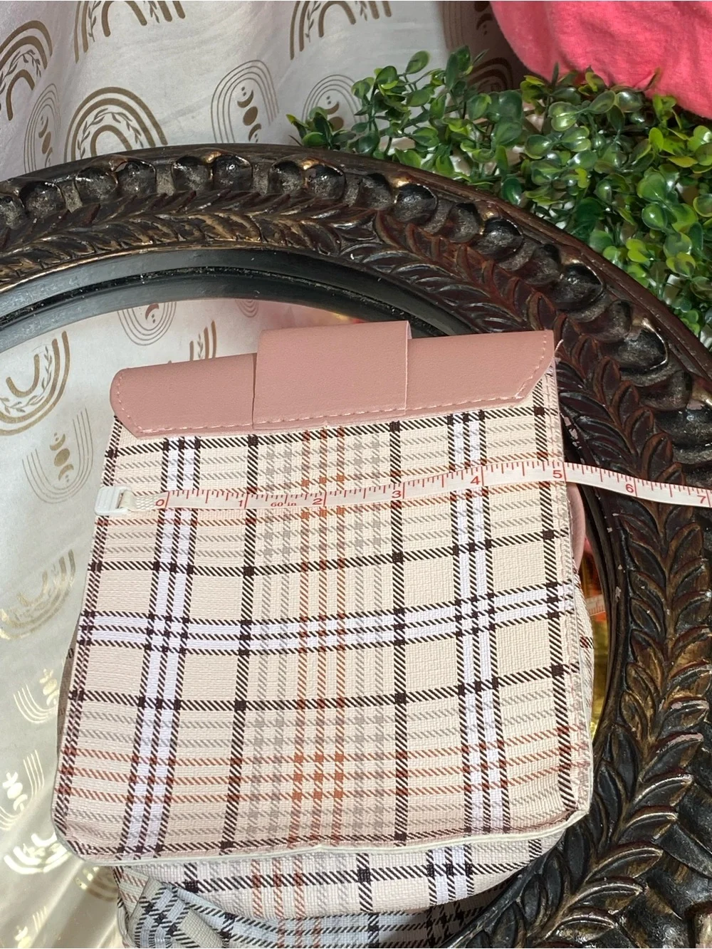 Plaid Pink Crossbody Bag with Gold Accent